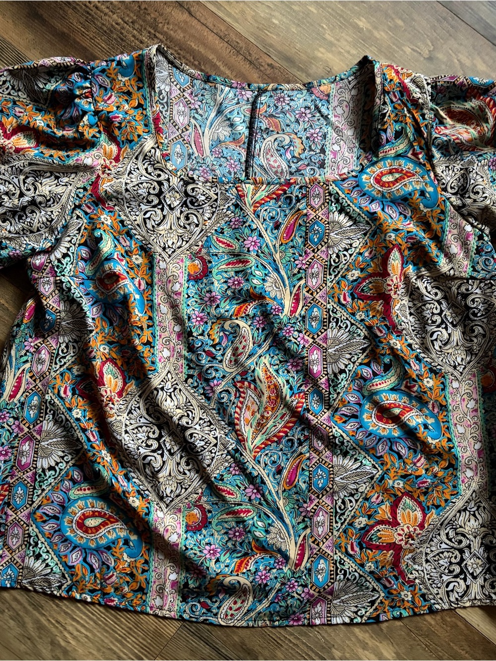 SHEIN Teal Multi Paisley Square-Neck Puff Sleeve Blouse